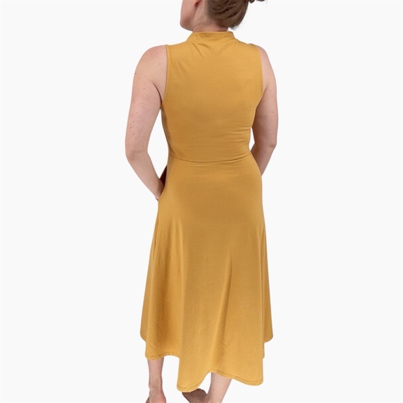 PACT | Organic Cotton Fit & Flare Mock Neck Midi Dress in Gold | Sz M - Picture 4 of 13